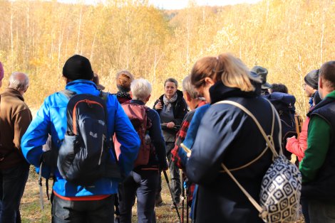 Tourführerin steht vor einer Gruppe, dahinter Birkenwald